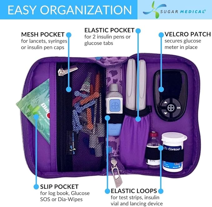 Sugar Medical Diabetes Supply Case | Medical Supplies Travel Bag | Glucose Meter Organizer | Diabetic Care Products | Glucometer Kit (Purple Leopard)