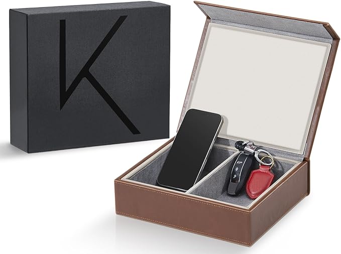 KK7 PLUS-BR Faraday Key Fob Protector Box with 2 Slots, RFID Signal Blocking Shielding Box for Car Keys, Anti-Theft Vintage Faraday Cage with High-Grade Protein Leather, Brown - Size: XL