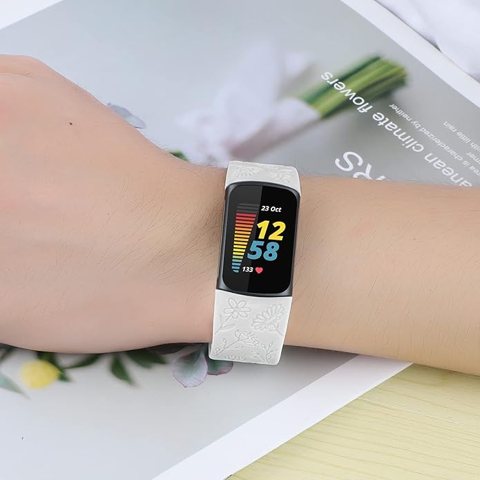 Flower Engraved Bands Compatible with Fitbit Charge 5 Band/Charge 6 Bands Women Cute Floral Engraving Soft Silicone Sport Strap Replacement Wristband for Fitbit Charge 5/6 Tracker Accessories