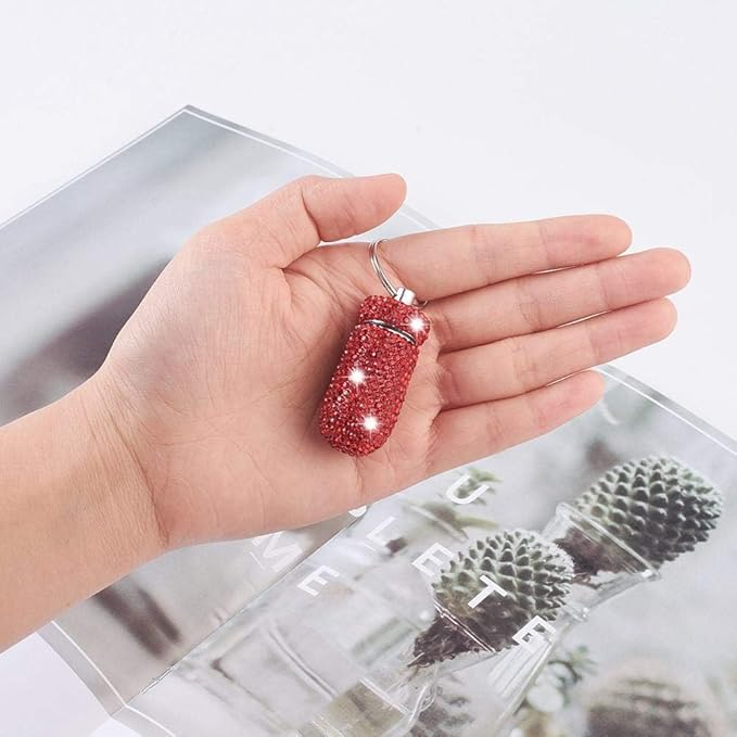 XhuangTech Waterproof Keychain Pill Box Bling Round Medicine Organizer Holder Container Aluminum Portable Mini Bottle Storage Case for Outdoor Travel Camping Purse Pocket (Red)