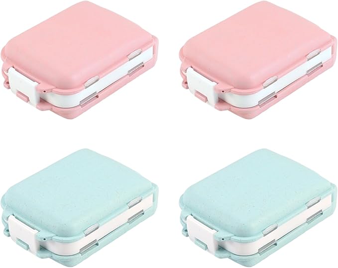 4Pcs Pill Organizer,8 Compartments Portable Pill Box,Travel Pill Box,Three Folding Design Daily Pill Organizer for Pocket Purse Medicine Vitamin Holder Container(Pink,blue)