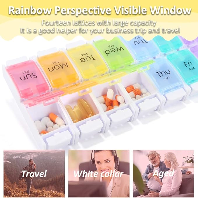 AM PM Pill Organizer 2 Times a Day, 7 Removable Daily Pill Cases with Permanent Printed Labels, Large Capacity for Fish Oil & Vitamins, BPA-Free Travel Medicine Holder for Seniors & Daily Use (1 Week)