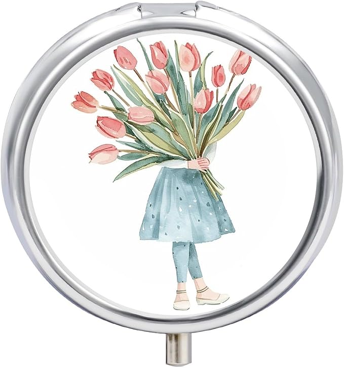 A Big Bouquet of Tulips Pill Box Travel Pill Case for Purse Pocket Weekly Medicine Organizer with Mirror 3 Compartment Round Medicine Case Portable PillcaseHolder for Daily