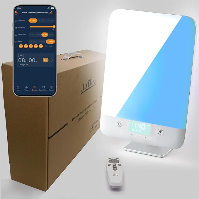 High Illuminance Light Therapy Lamp Blue/White 10000 Lux UV-Free 3 Light Colors + Natural Sounds for Light Therapy Wake-Up Light, Reset Circadian Rhythm, APP + Remote