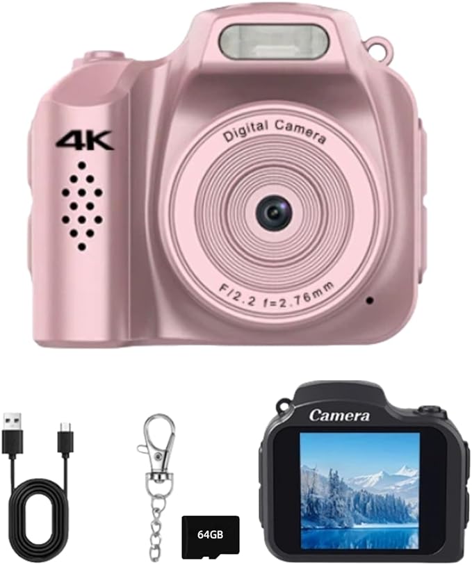 Mini Keychain Camera with 64GB Card: 4K Photo & Video Pocket Digital Camera,Built-in Screen & Flash,Fun Filters for Kids & Beginners,Easy Travel Camera for Daily Adventures, Idea (Pink)