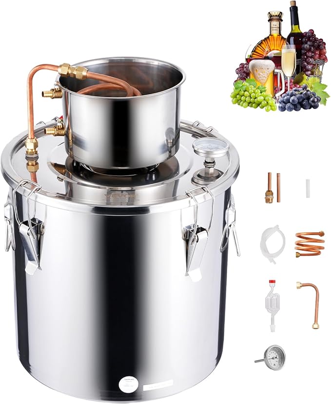 VEVOR Alcohol Still, 8 Gal / 30 L Stainless Steel Water Alcohol Distiller with Copper Coil, Home Brewing Refining Fermentation Kit with Thermometer, for Wine Whisky Brandy, Silver