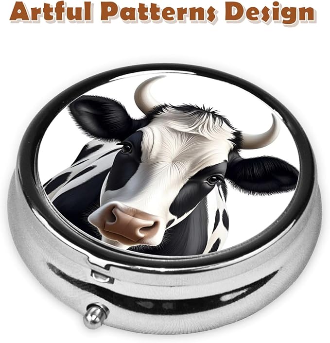Metal Pill Organizer - 3-Compartment Mini Round Pill Case for Pocket & Purse, Portable Vitamin Holder, Easy-Open Design for Travel - Cow