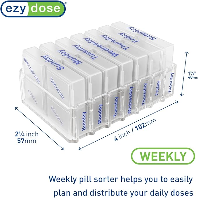 EZY DOSE Weekly (7-Day) Pill Case, Medicine Planner, Vitamin Organizer Box, Pop-Out Compartments, 4 Times a Day, Pocket Sized and Travel Friendly, Clear Lids, BPA Free