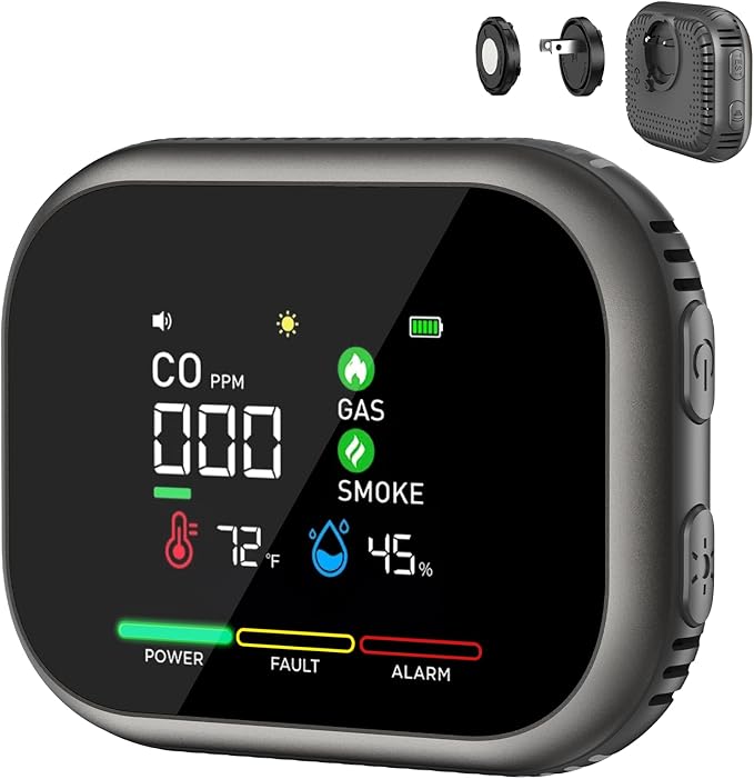 6-in-1 Carbon Monoxide Detector Plug in - Natural Gas & Smoke Alarm with Magnetic Base & Battery Backup - Portable Gas & Smoke Alarm for RV, Home - Grey