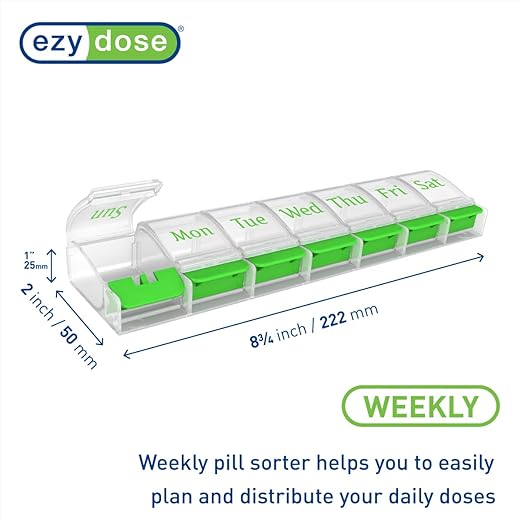 EZY DOSE Weekly (7-Day) AM/PM Daily Pill Organizer, Vitamin Case, and Medicine Container, X-Large Compartments, Arthritis Friendly, Convenient with Effortless Portability, Clear/Green Lids, BPA Free