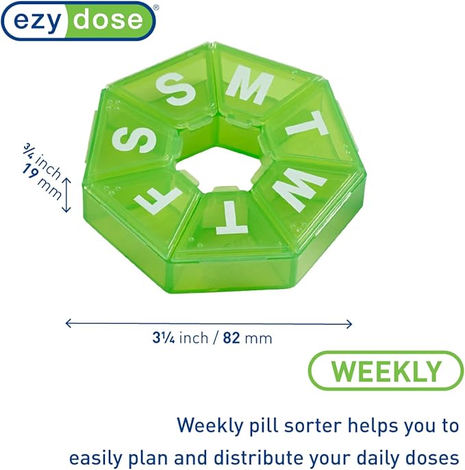 EZY DOSE Weekly Pill Organizer, Medicine Box, and Vitamin Planner, Travel Pill Planner, Portable Storage, 7-Sided, Green, BPA Free