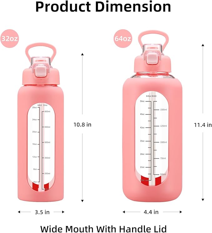 32 oz Glass Water Bolttles with Straw Large Motivational Water Bottle with Time Marker Sports Water Bottles with Silicone Sleeve and Handle Lid Water Jug for Gym Workout