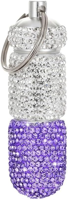 Bling Pill Case Portable Travel Pill Container Bottle Rhinestone Waterproof Small Pill Holder with Keychain Cute Mini Pill Storage Box (white purple)