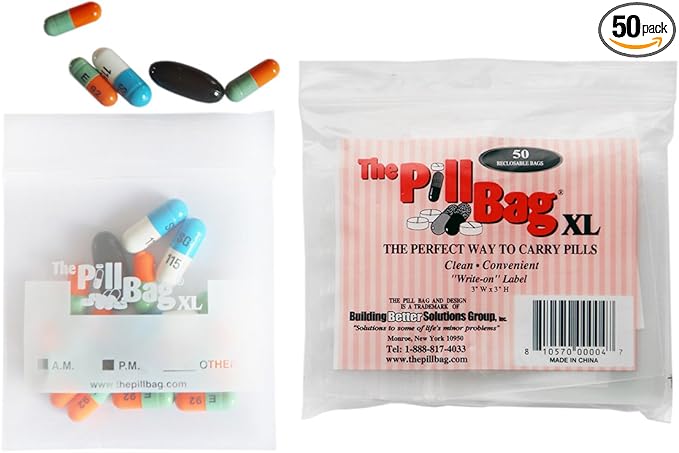 | Medicine Pill Organizer with Labels for AM/PM | Resealable Disposable Pill Pouches for Medicine, Vitamins, Gummies | Plastic Pill Bags for Travel | XL Size | 50 Count