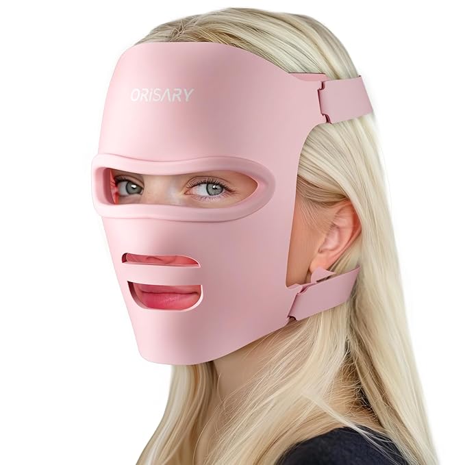 Red Light Mask, Silicone Cordless Led Mask with 368 Chips 2000mAh Rechargeable 3 Modes & Timer, Blue Light Infrared Face Mask Home Travel Working, Pink