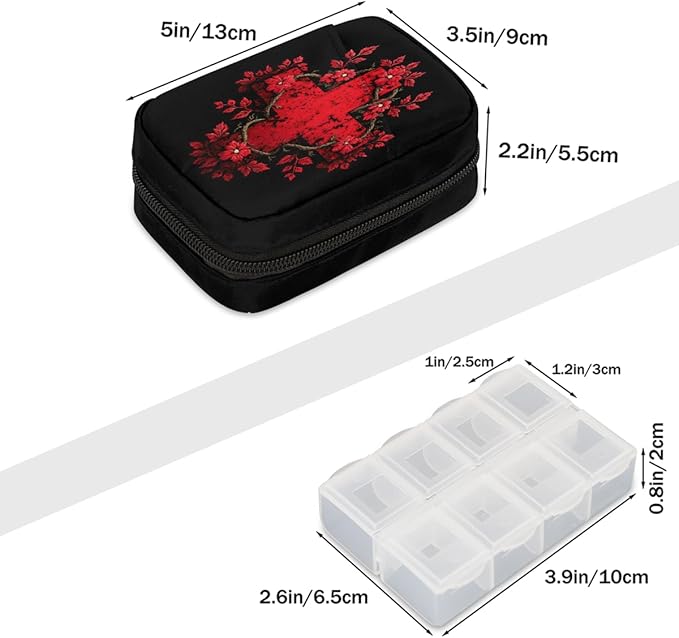 Jesus Red Flower Pill Case Everyday Travel, 7 Day Weekly Medicine Pill Box Compact Portable Pills Bottle Organizer with Zipper for Daily Vitamin Medicine Holder Bottle Organizers Bag