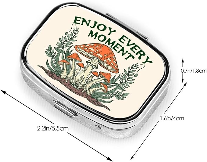 Enjoy Every Moment Magic Mushrooms Forest Metal Iron Plating Square Pill Box 2 Compartment Medicine Pill Case Mini Medicine Vitamin Pillbox Portable Pills Organizer Storage Box for Purse