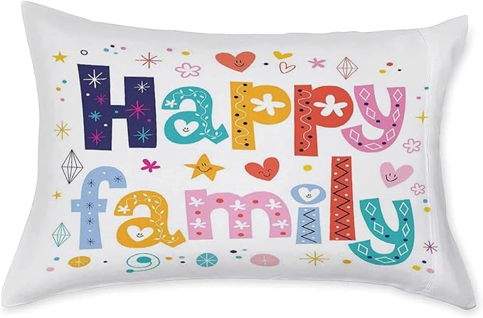 Decorative Bedding Sheet Set Cal-King Size, Family Deep Pockets Fitted Sheet & 2 Pillow Sham Set, Happy Family Letters with Flowers Hearts Stars Dots Cartoon Print Microfiber 3pc Bed Sheets Set