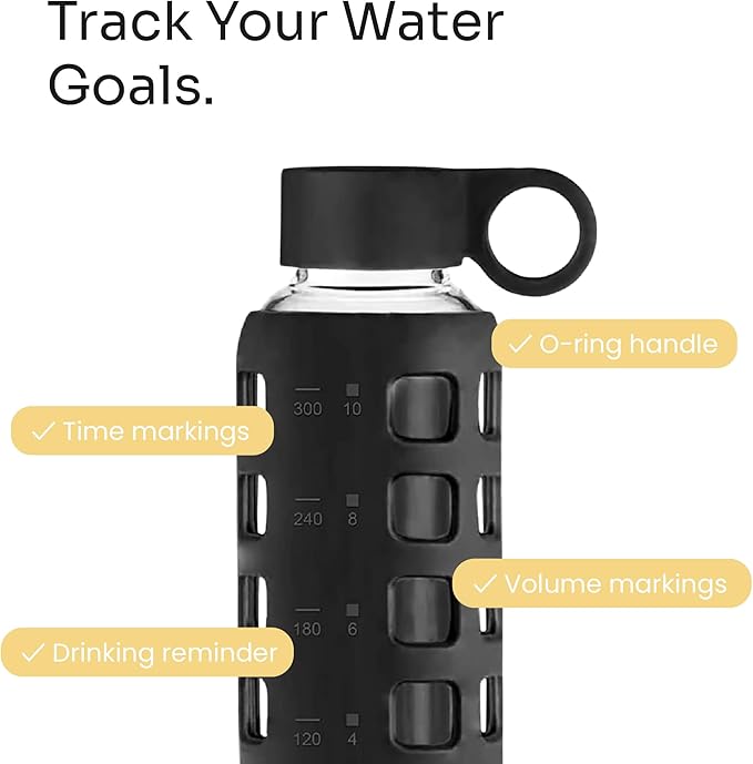 purifyou 40oz / 32oz / 22oz / 12oz Borosilicate Glass Water Bottle with Time & Volume Markers, Silicone Sleeve, Stainless Steel Lid | Reusable Glass Bottle for Water & Juice (12oz Jet Black)