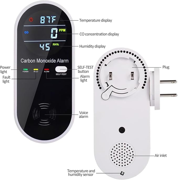 3-in-1 Carbon Monoxide Detector, Carbon Monoxide Detector Plug in Wall with Temperature & Humidity Display, CO Alarm Monitor with Color LCD Display, Accurate & Easy to Install