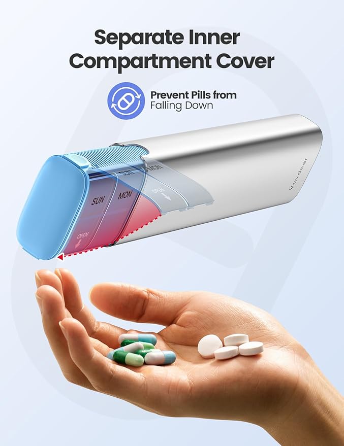 VAYDEER Metal Weekly Pill Organizer – Moisture-Proof Travel Pill Organizer with Built-in Desiccant Chamber and Airtight Lids – Large-Capacity Pill Box for Vitamins, Medicines & Supplements (Champagne)