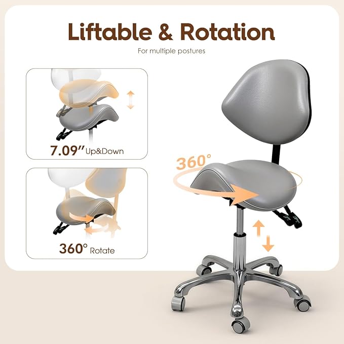 Saddle Stool Rolling Chair for Medical Massage Salon Kitchen Spa Drafting,Adjustable Hydraulic Stool with Wheels (Grey, with Backrest)