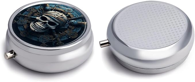 Skeleton Pirate-1 Pill Box Travel Pill Case for Purse Pocket Weekly Medicine Organizer with Mirror 3 Compartment Round Medicine Case Portable PillcaseHolder for Daily