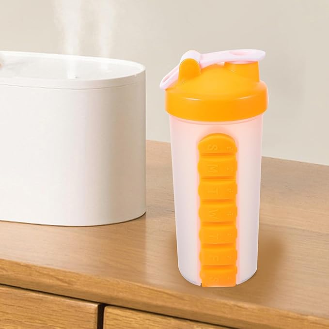 Clear Water Bottles 7 Day Pill Box Organizer with Water Bottle Weekly Dispensers Reminder Medicine Holder Portable Inserted Pill Case Bottle for Travel Gym Outdoor Orange
