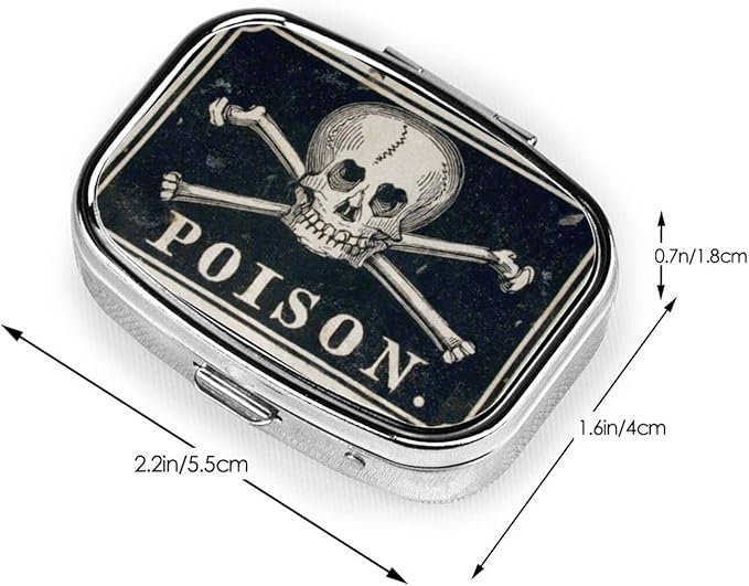 Metal 2 Compartment Pill Organizer Travel Friendly Portable Compact Pill Box Cute Pill Case,for Pocket Wallets Daily Portable Medicine Vitamin Tablet Storage (Poison Black)