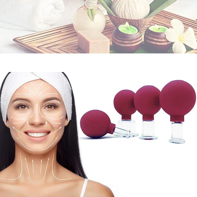 FeelFree Sport Glass Facial Cupping Set- 4pcs Silicone Vacuum Suction Face Massage Cups Anti Cellulite Lymphatic Therapy Sets for Eyes, Face and Body (Rose red)