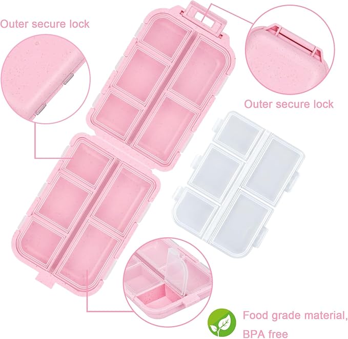 Travel Pill Organizer with Medicine Labels, Travel Pill Box Mini Medicine Organizer Daily Pill Container 10 Compartments Purse Pill Case (Pink, 189 Lables)