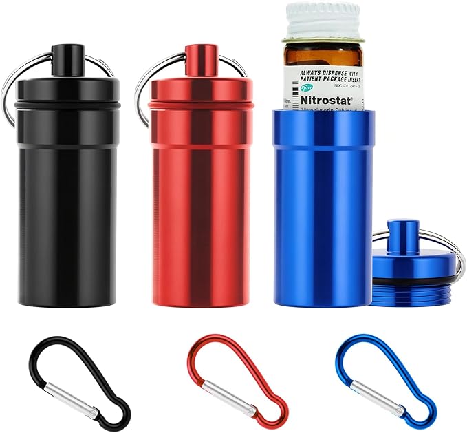 Keychain Pill Holder for Nitroglycerin, 3 Pack Mini Waterproof Portable Travel Purse Pocket Pill Case, Keychain Fob Container for 25ct Nitro/Nitroglycerin Bottle (3pcs-Black + Blue + Red)
