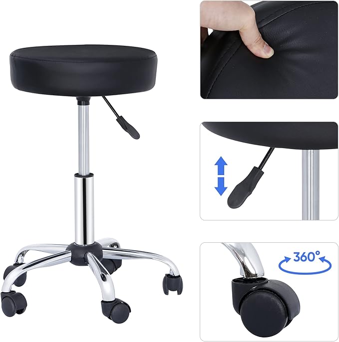LEMY Salon Stool and Tattoo Chair Hydraulic Adjustable Rolling Stool,360° Swivel with PU Leather Seat and Sturdy Metal Base for Spa Massage Esthetician Nail Technician