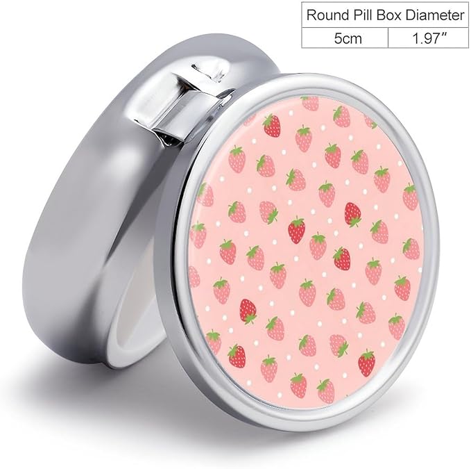 3 Compartment Pill Box, Round Medicine Pill Case, Cute Travel Pill Case, Decorative Portable Organizer for Pocket Compatible with Cute Pink Strawberry Polka Dot