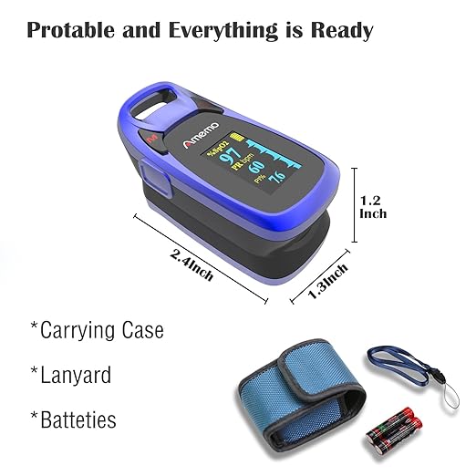 Fingertip Pulse Oximeter with Plethysmograph and Perfusion Index, include carrying case, Large OLED Digital Display Blood Oxygen Saturation Monitor Heart Rate Monitor (Blue)
