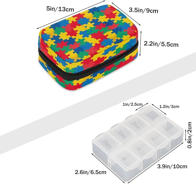 Color Autism Puzzle Pill Case Everyday Travel, 7 Day Weekly Medicine Pill Box Compact Portable Pills Bottle Organizer with Zipper for Daily Vitamin Medicine Holder Bottle Organizers Bag