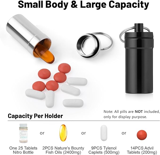 Keychain Pill Holder for Nitroglycerin, 2 Pack Mini Waterproof Portable Travel Purse Pocket Pill Case, Keychain Fob Container for 25ct Nitro/Nitroglycerin Bottle (Black + Silver)
