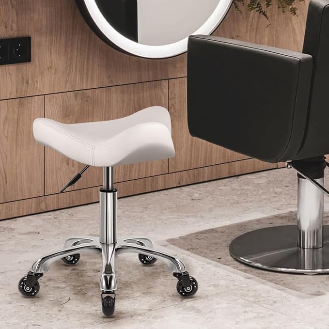 Heavy Duty Rolling Stool with Wheels Hydraulic Swivel Adjustable Rolling Stool Ergonomic Thick Irregular Leather Seat Chair for Kitchen Drafting Lab Office Salon Message Counter – White