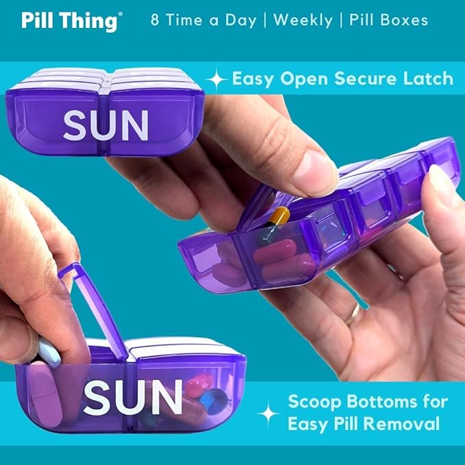 6 Times a Day, 7 Day Large Weekly Pill Organizer with Holder Tray, Vitamin, Medicine Box, Multicolor with Medical Alert Card (8X a Day - 2 Pack)