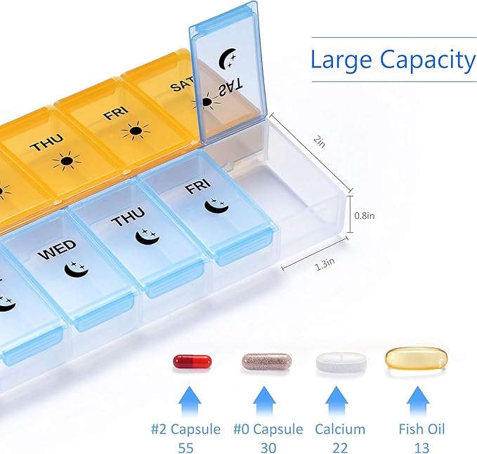 Extra Large 7 Day Pill Organizer AM PM BPA-Free Medicine Case with Oversized Compartments for Large Vitamins, Fish Oil, and Supplements, Easy Open Design(Yellow/Blue)