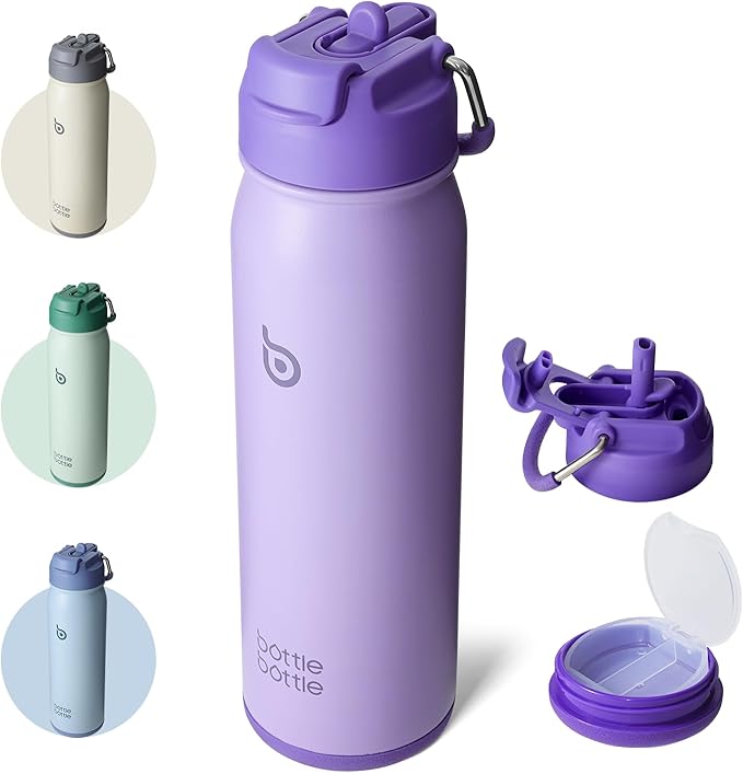 BOTTLE BOTTLE 24oz Insulated Water Bottle Stainless Steel Sport Water Bottle with Straw and Adjustable Lid Daily Pill Organizer