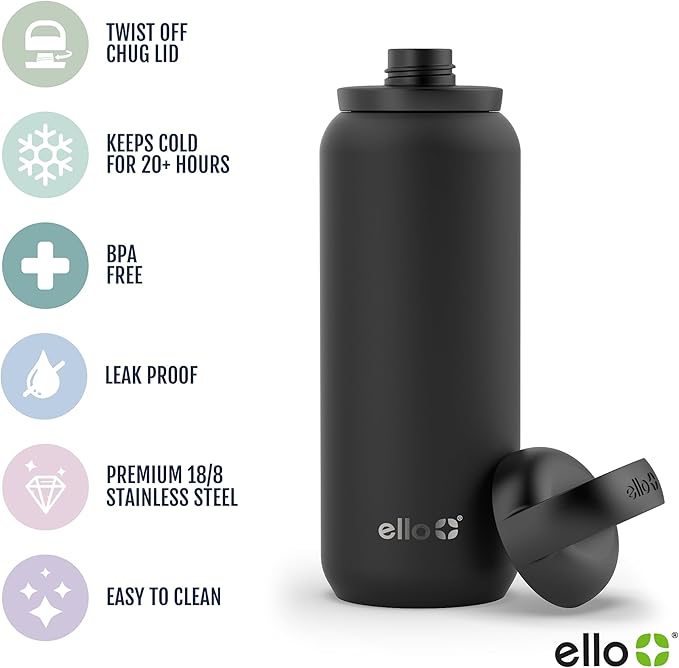 Ello Cooper Twist 40oz Stainless Steel Water Bottle with Chug Lid | Leak Proof | Double Walled and Vacuum Insulated | Built in Carry Loop | Dishwasher Safe | Antigua