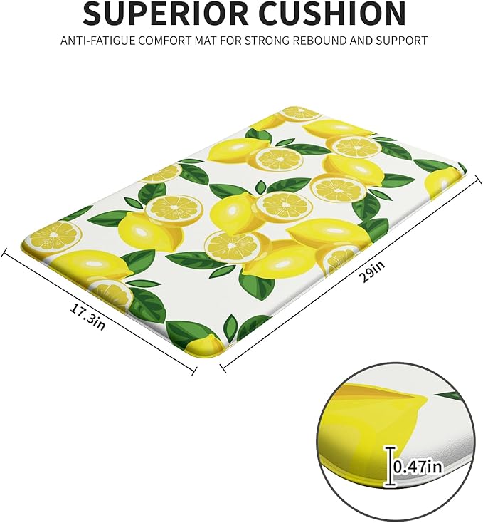 Lemon Kitchen Mats for Floor Anti Fatigue Mats for Kitchen Floor Cushioned Non Skid Washable Memory Foam Kitchen Rug and Mats for Bedroom Office Sink Laundry
