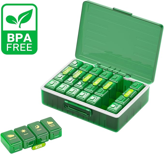 Weekly Pill Organizer 4 Times a Day, Large Compartments Pill Box 4X 7 Day, Medicine Organizer Pill Case for Pills/Vitamins/Fish Oils/Medication/Supplements (Green)