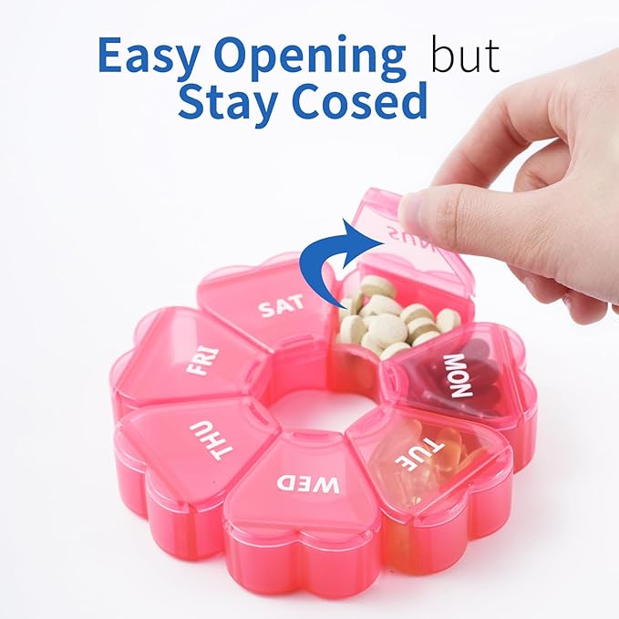Pink Weekly Pill Organizer, Pill Box 7 Days, Daily Vitamin Case with Large Capacity Compartments, Pills Containers for Fish Oil Medicine and Other Supplements