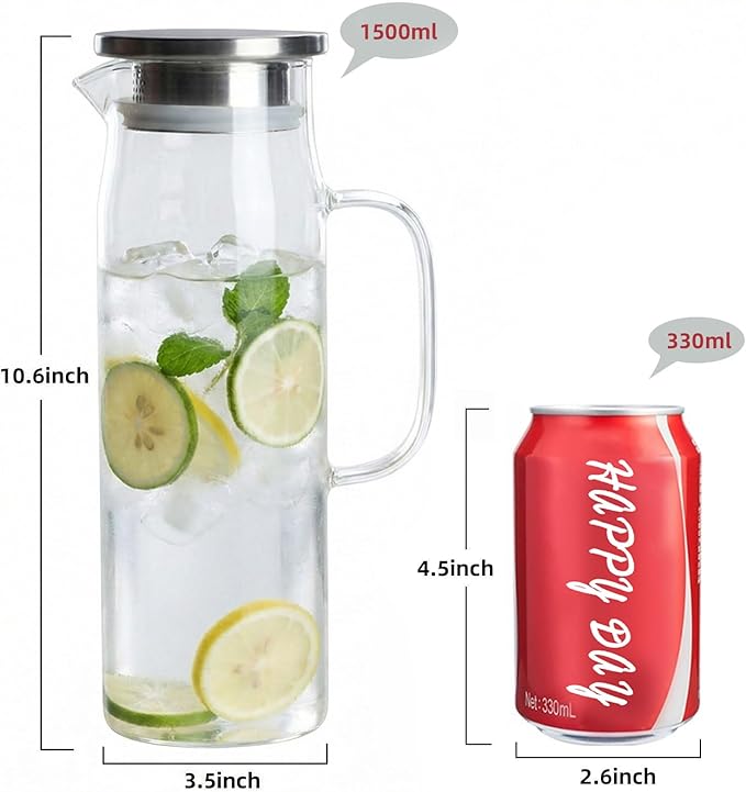 hjn Glass Pitcher with Lid Glass Water Carafe with Handle, Fridge Water Jug Cold or Hot Beverages, Iced Tea, Milk, Juice 1500ml/51oz & aluminium lid