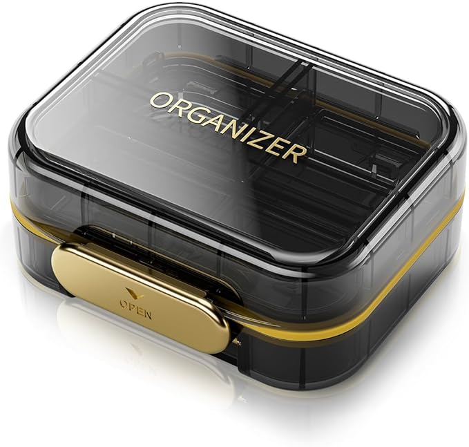 Portable Travel Pill Organizer with 7 Compartments - Perfect Weekly Pill Case Waterproof Pill Box for Daily Vitamins and Medicine, Small Pill Container for Pocket Purse (Black)