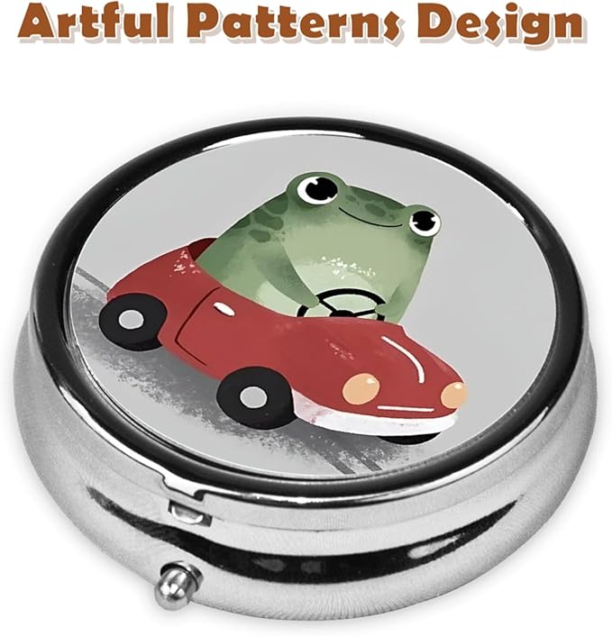 Metal Pill Organizer - 3-Compartment Mini Round Pill Case for Pocket & Purse, Portable Vitamin Holder, Easy-Open Design for Travel - Cute Frog