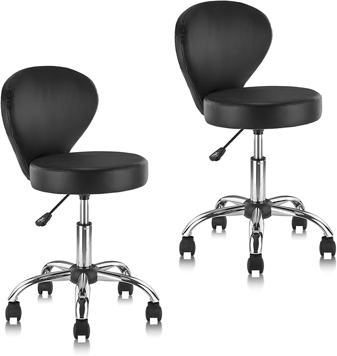 Leather Rolling Salon Stool with Back Support and Wheels Adjustable Height Swivel Spa Stools for Office Massage Facial Medical Drafting Tattoo Beauty Barber Lab Doctor Tattoo, Black, 2 Pack