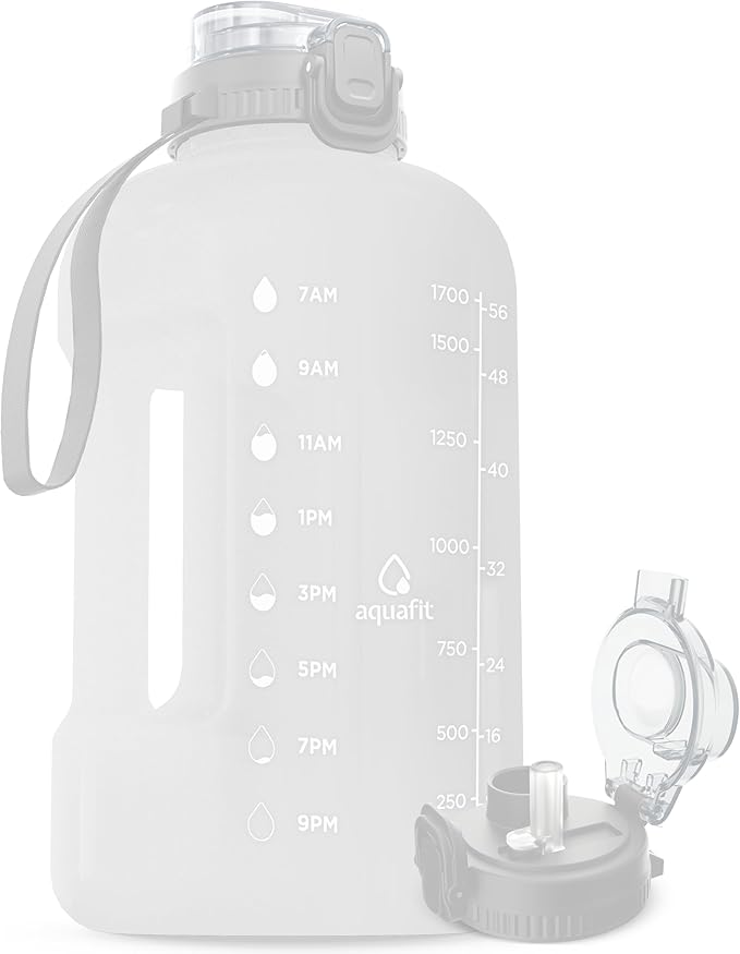 AQUAFIT Half Gallon Water Bottle with Time Marker - Straw & Chug Lid - BPA Free Gym Water Bottle with Straw - Big Gallon Jug (Frosty, 64 oz - 2in1 Lid)